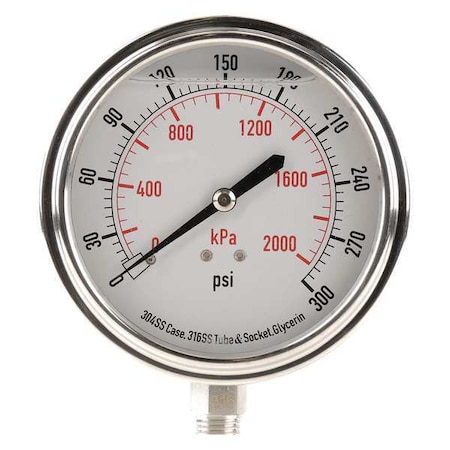 Commercial Pressure Gauge, 0 to 300 psi, 3 1/2 in Dial, 1/4 in NPT, Bottom Location MPN:4CFK3
