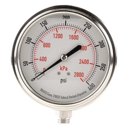 Commercial Pressure Gauge, 0 to 400 psi, 3 1/2 in Dial, 1/4 in NPT, Bottom Location MPN:4CFK4