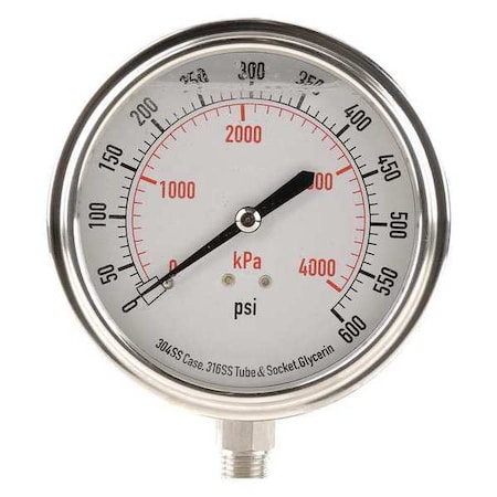 Commercial Pressure Gauge, 0 to 600 psi, 3 1/2 in Dial, 1/4 in NPT, Bottom Location MPN:4CFK5