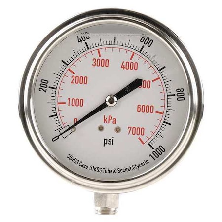 Commercial Pressure Gauge, 0 to 1, 000 psi, 3 1/2 in Dial, 1/4 in NPT, Bottom Location MPN:4CFK6
