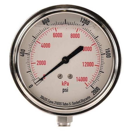 Commercial Pressure Gauge, 0 to 2, 000 psi, 3 1/2 in Dial, 1/4 in NPT, Bottom Location MPN:4CFK7