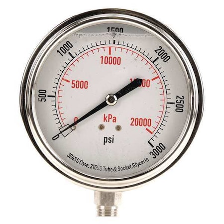 Commercial Pressure Gauge, 0 to 3, 000 psi, 3 1/2 in Dial, 1/4 in NPT, Bottom Location MPN:4CFK8