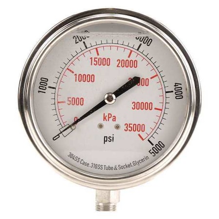 Commercial Pressure Gauge, 0 to 5, 000 psi, 3 1/2 in Dial, 1/4 in NPT, Bottom Location MPN:4CFK9