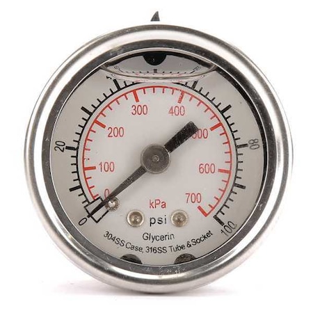 Commercial Pressure Gauge, 0 to 100 psi, 1 1/2 in Dial, 1/8 in NPT, Center Back Location MPN:4CFL5