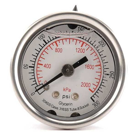 Commercial Pressure Gauge, 0 to 300 psi, 1 1/2 in Dial, 1/8 in NPT, Center Back Location MPN:4CFL8