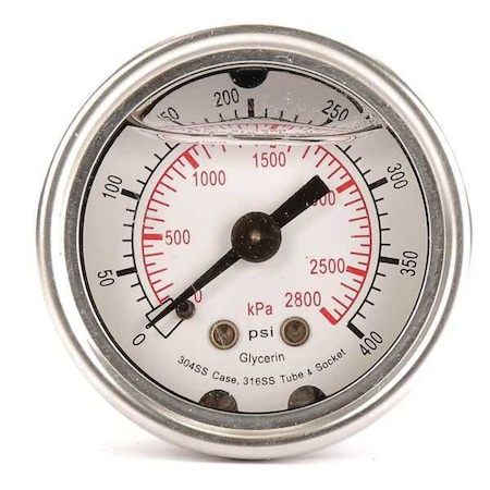 Commercial Pressure Gauge, 0 to 400 psi, 1 1/2 in Dial, 1/8 in NPT, Center Back Location MPN:4CFL9