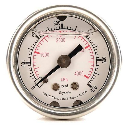 Commercial Pressure Gauge, 0 to 600 psi, 1 1/2 in Dial, 1/8 in NPT, Center Back Location MPN:4CFN1