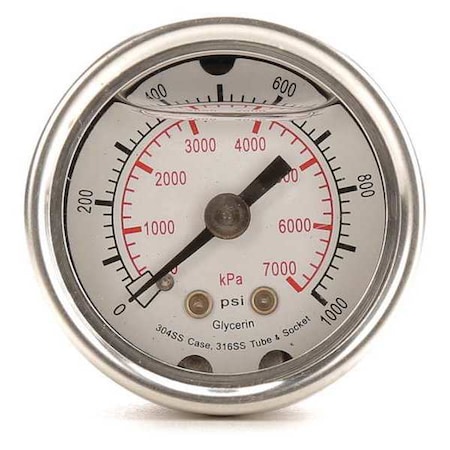 Commercial Pressure Gauge, 0 to 1, 000 psi, 1 1/2 in Dial, 1/8 in NPT, Center Back Location MPN:4CFN2