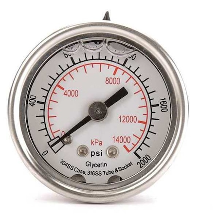 Commercial Pressure Gauge, 0 to 2, 000 psi, 1 1/2 in Dial, 1/8 in NPT, Center Back Location MPN:4CFN3