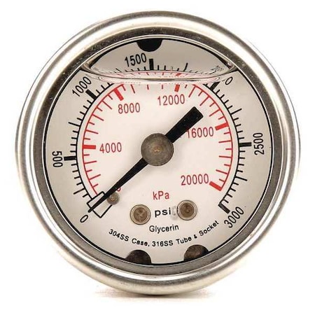 Commercial Pressure Gauge, 0 to 3, 000 psi, 1 1/2 in Dial, 1/8 in NPT, Center Back Location MPN:4CFN4