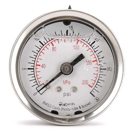 Commercial Pressure Gauge, 0 to 30 psi, 2 in Dial, 1/4 in NPT, Center Back Location MPN:4CFN8