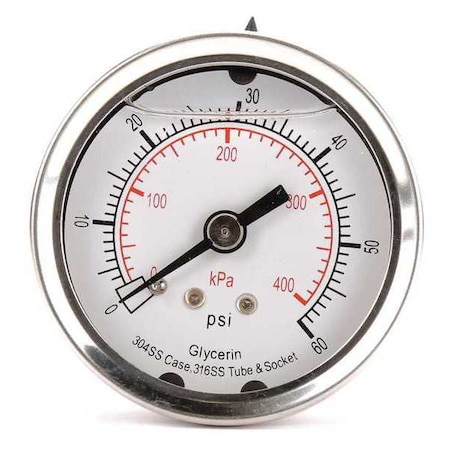 Commercial Pressure Gauge, 0 to 60 psi, 2 in Dial, 1/4 in NPT, Center Back Location MPN:4CFN9