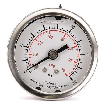 Commercial Pressure Gauge, 0 to 100 psi, 2 in Dial, 1/4 in NPT, Center Back Location MPN:4CFP1
