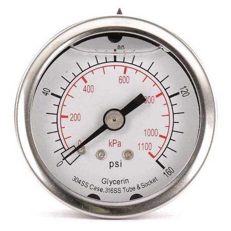 Commercial Pressure Gauge, 0 to 160 psi, 2 in Dial, 1/4 in NPT, Center Back Location MPN:4CFP2