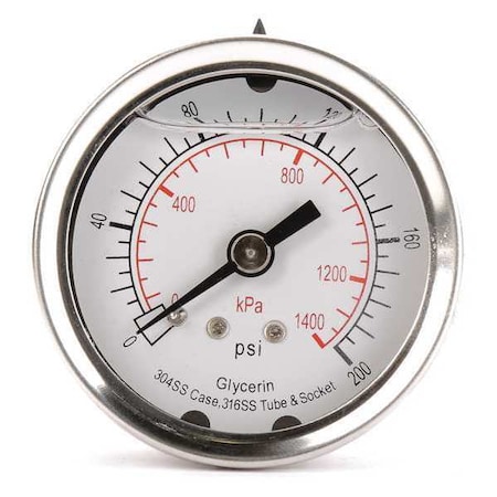 Commercial Pressure Gauge, 0 to 200 psi, 2 in Dial, 1/4 in NPT, Center Back Location MPN:4CFP3