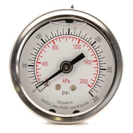 Commercial Pressure Gauge, 0 to 300 psi, 2 in Dial, 1/4 in NPT, Center Back Location MPN:4CFP4