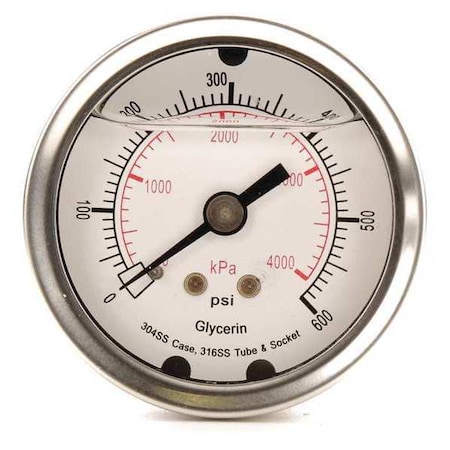 Commercial Pressure Gauge, 0 to 600 psi, 2 in Dial, 1/4 in NPT, Center Back Location MPN:4CFP6