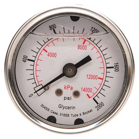 Commercial Pressure Gauge, 0 to 2, 000 psi, 2 in Dial, 1/4 in NPT, Center Back Location MPN:4CFP8