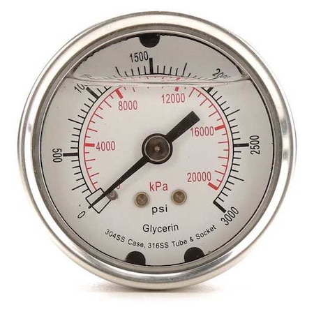 Commercial Pressure Gauge, 0 to 3, 000 psi, 2 in Dial, 1/4 in NPT, Center Back Location MPN:4CFP9