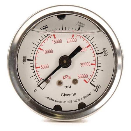 Commercial Pressure Gauge, 0 to 5, 000 psi, 2 in Dial, 1/4 in NPT, Center Back Location MPN:4CFR1