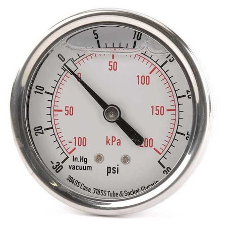 Commercial Compound Gauge, 30 to 0 to 30 psi, 2 1/2 in Dial, 1/4 in NPT, Center Back Location MPN:4CFR3