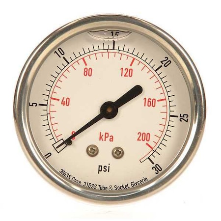 Commercial Pressure Gauge, 0 to 30 psi, 2 1/2 in Dial, 1/4 in NPT, Center Back Location MPN:4CFR4