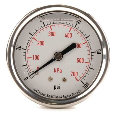Commercial Pressure Gauge, 0 to 100 psi, 2 1/2 in Dial, 1/4 in NPT, Center Back Location MPN:4CFR6