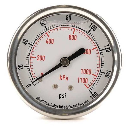 Commercial Pressure Gauge, 0 to 160 psi, 2 1/2 in Dial, 1/4 in NPT, Center Back Location MPN:4CFR7