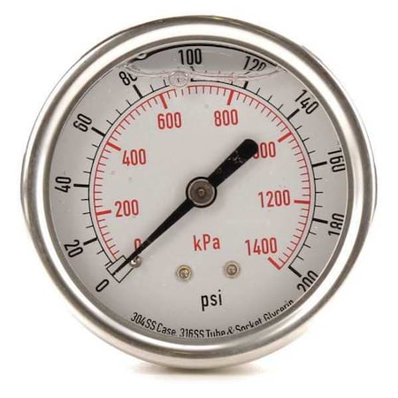 Commercial Pressure Gauge, 0 to 200 psi, 2 1/2 in Dial, 1/4 in NPT, Center Back Location MPN:4CFR8