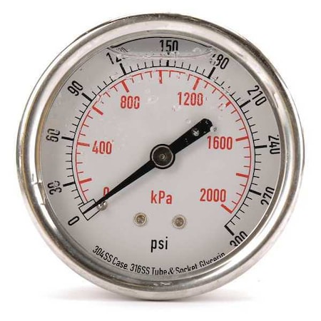 Commercial Pressure Gauge, 0 to 300 psi, 2 1/2 in Dial, 1/4 in NPT, Center Back Location MPN:4CFR9