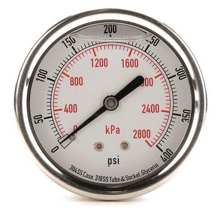 Commercial Pressure Gauge, 0 to 400 psi, 2 1/2 in Dial, 1/4 in NPT, Center Back Location MPN:4CFU1