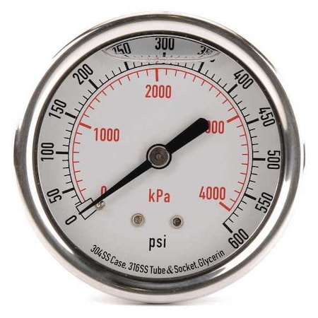 Commercial Pressure Gauge, 0 to 600 psi, 2 1/2 in Dial, 1/4 in NPT, Center Back Location MPN:4CFU2
