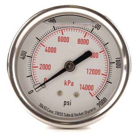 Commercial Pressure Gauge, 0 to 2, 000 psi, 2 1/2 in Dial, 1/4 in NPT, Center Back Location MPN:4CFU4