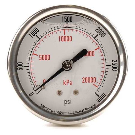 Commercial Pressure Gauge, 0 to 3, 000 psi, 2 1/2 in Dial, 1/4 in NPT, Center Back Location MPN:4CFU5
