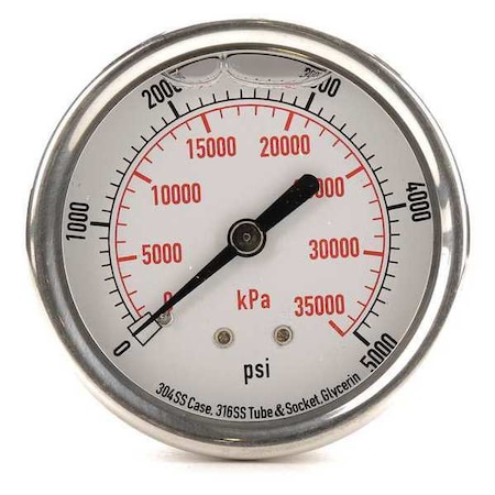 Commercial Pressure Gauge, 0 to 5, 000 psi, 2 1/2 in Dial, 1/4 in NPT, Center Back Location MPN:4CFU6