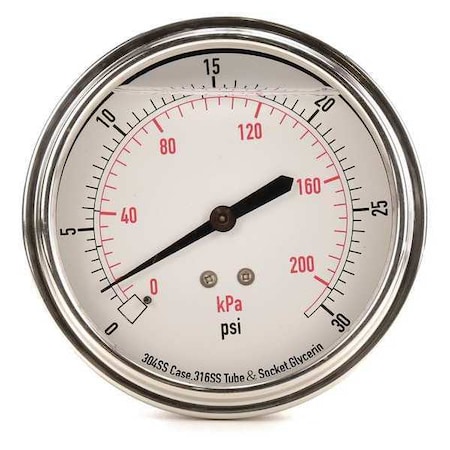 Commercial Pressure Gauge, 0 to 30 psi, 3 1/2 in Dial, 1/4 in NPT, Center Back Location MPN:4CFU9