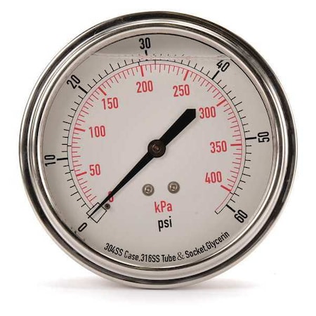 Commercial Pressure Gauge, 0 to 60 psi, 3 1/2 in Dial, 1/4 in NPT, Center Back Location MPN:4CFV1