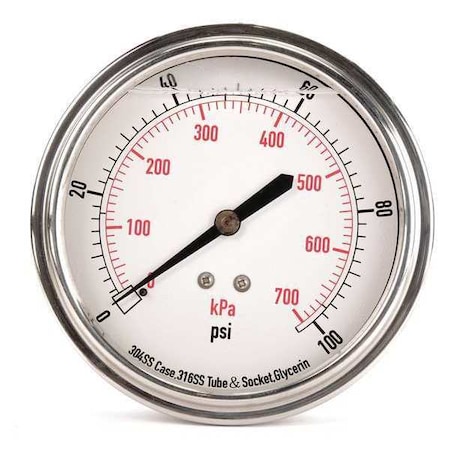 Commercial Pressure Gauge, 0 to 100 psi, 3 1/2 in Dial, 1/4 in NPT, Center Back Location MPN:4CFV2