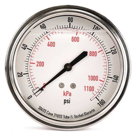 Commercial Pressure Gauge, 0 to 160 psi, 3 1/2 in Dial, 1/4 in NPT, Center Back Location MPN:4CFV3