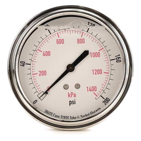 Commercial Pressure Gauge, 0 to 200 psi, 3 1/2 in Dial, 1/4 in NPT, Center Back Location MPN:4CFV4