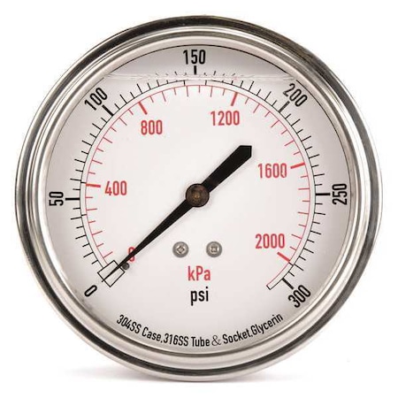 Commercial Pressure Gauge, 0 to 300 psi, 3 1/2 in Dial, 1/4 in NPT, Center Back Location MPN:4CFV5