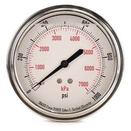 Commercial Pressure Gauge, 0 to 1, 000 psi, 3 1/2 in Dial, 1/4 in NPT, Center Back Location MPN:4CFV8