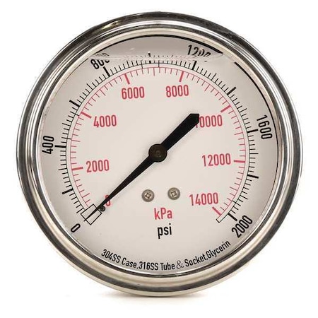 Commercial Pressure Gauge, 0 to 2, 000 psi, 3 1/2 in Dial, 1/4 in NPT, Center Back Location MPN:4CFV9