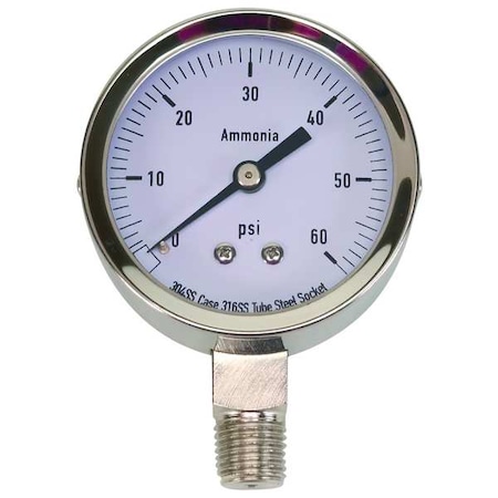 Commercial Pressure Gauge, 0 to 60 psi, 2 1/2 in Dial, 1/4 in NPT, Bottom Location MPN:4CFW3