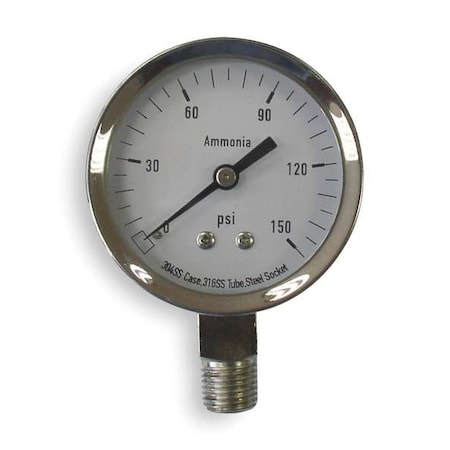 Commercial Pressure Gauge, 0 to 150 psi, 2 1/2 in Dial, 1/4 in NPT, Bottom Location MPN:4CFW4