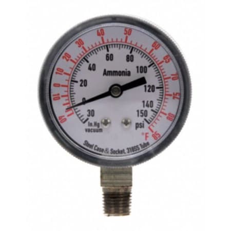 Ammonia & Refrigerant Compound Gauge, 30 to 0 to 150 psi, 2 1/2 in Dial, 1/4 in NPT MPN:4CFW6