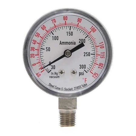 Ammonia & Refrigerant Compound Gauge, 30 to 0 to 300 psi, 2 1/2 in Dial, 1/4 in NPT MPN:4CFW7