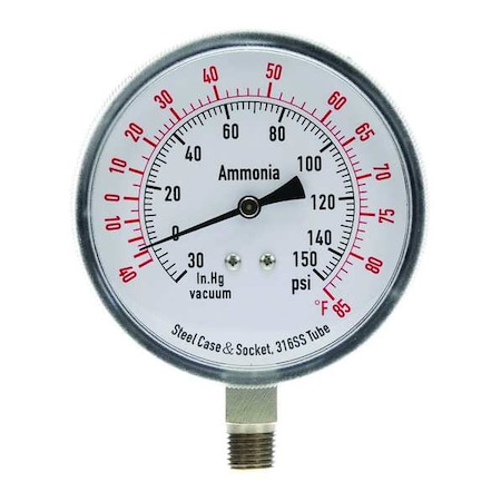 Ammonia & Refrigerant Compound Gauge, 30 to 0 to 150 psi, 3 1/2 in Dial, 1/4 in NPT MPN:4CFW8