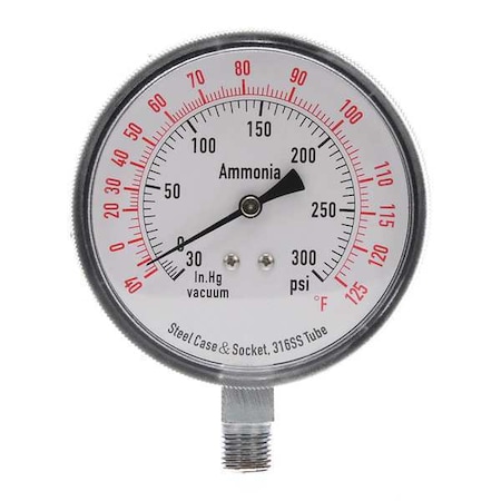 Ammonia & Refrigerant Compound Gauge, 30 to 0 to 300 psi, 3 1/2 in Dial, 1/4 in NPT MPN:4CFW9