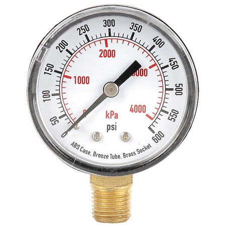 Pressure Gauge, 0 to 600 psi, 2 in Dial, 1/4 in BSPT Bottom Location, ABS Plastic Case Material MPN:4EFA4
